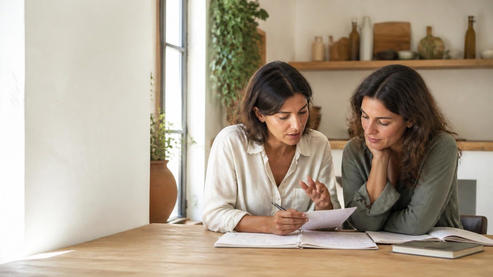 Dos mujeres comparando notas sobre la mesa de un estudio