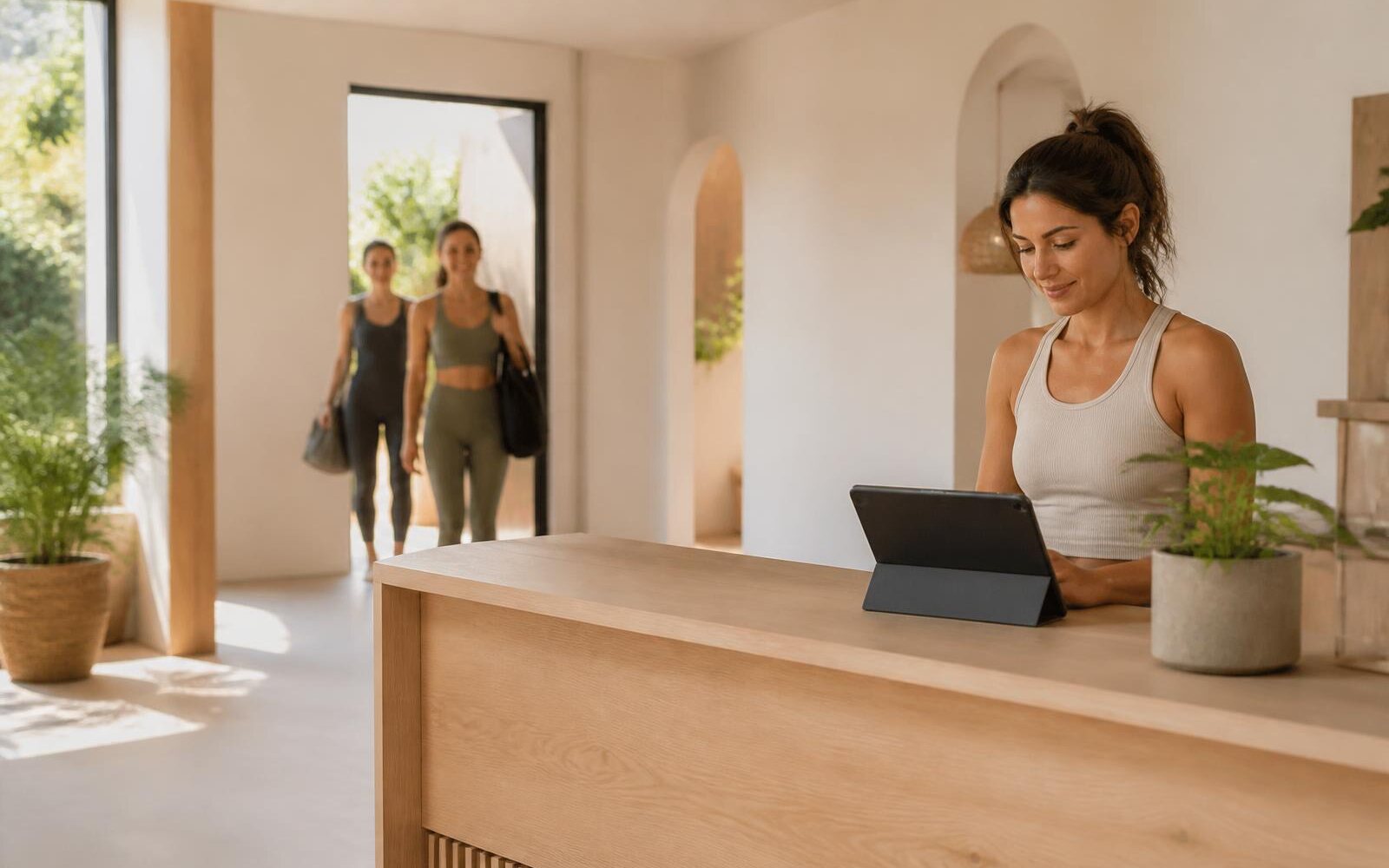 Recepción de un estudio de pilates: la responsable consulta la agenda en una tablet mientras entran dos clientas