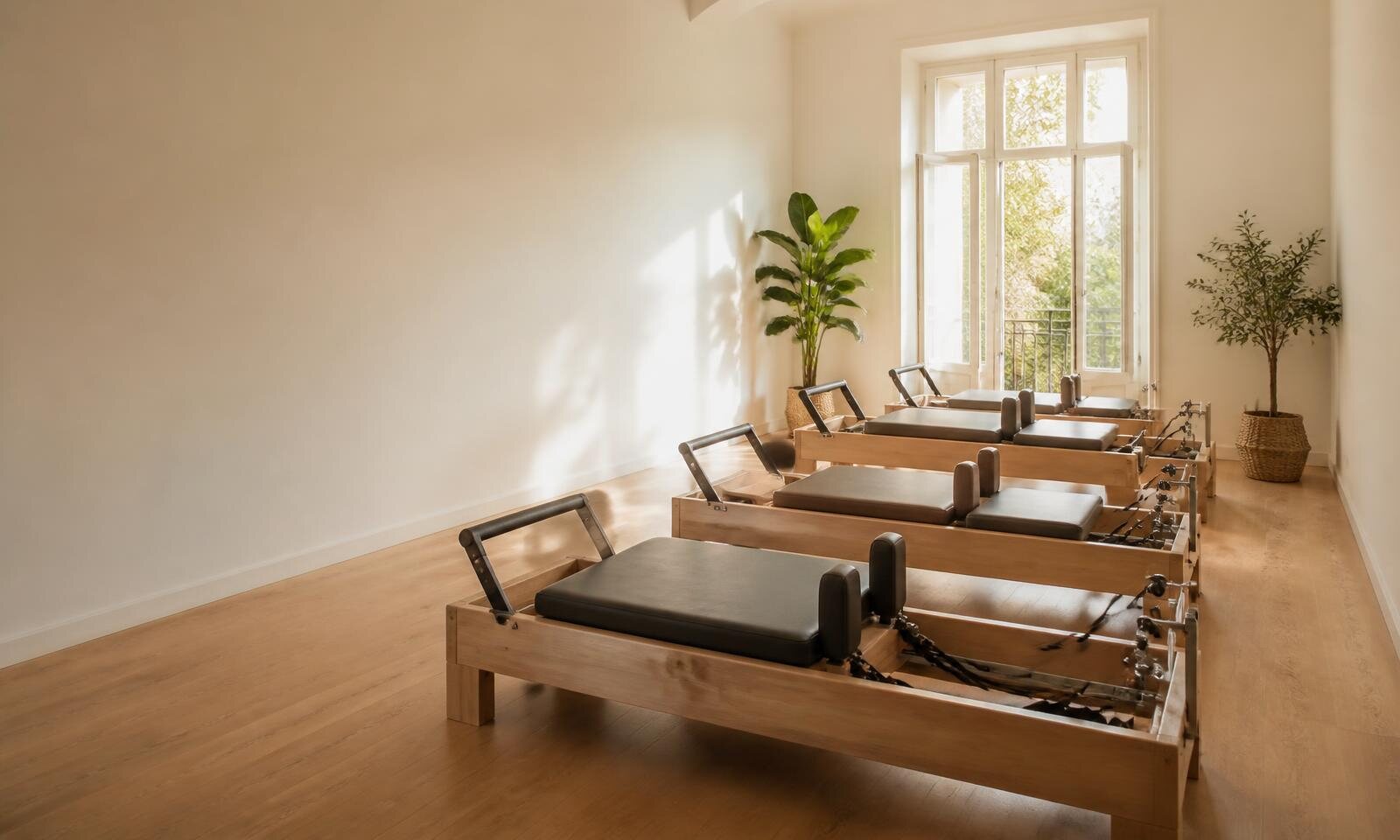 Sala de pilates con camas reformer alineadas junto a un ventanal