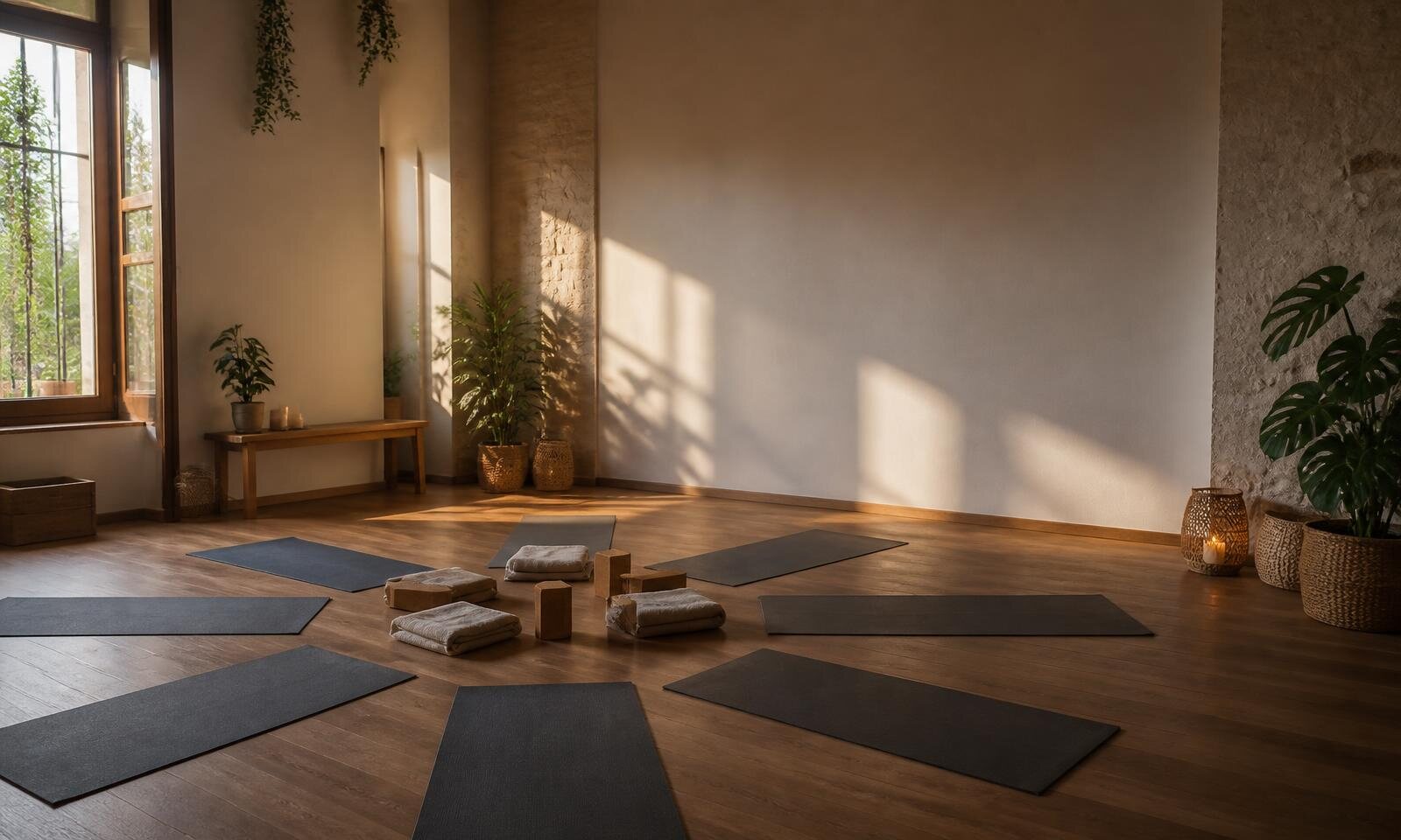 Sala de yoga con esterillas preparadas y luz cálida de tarde